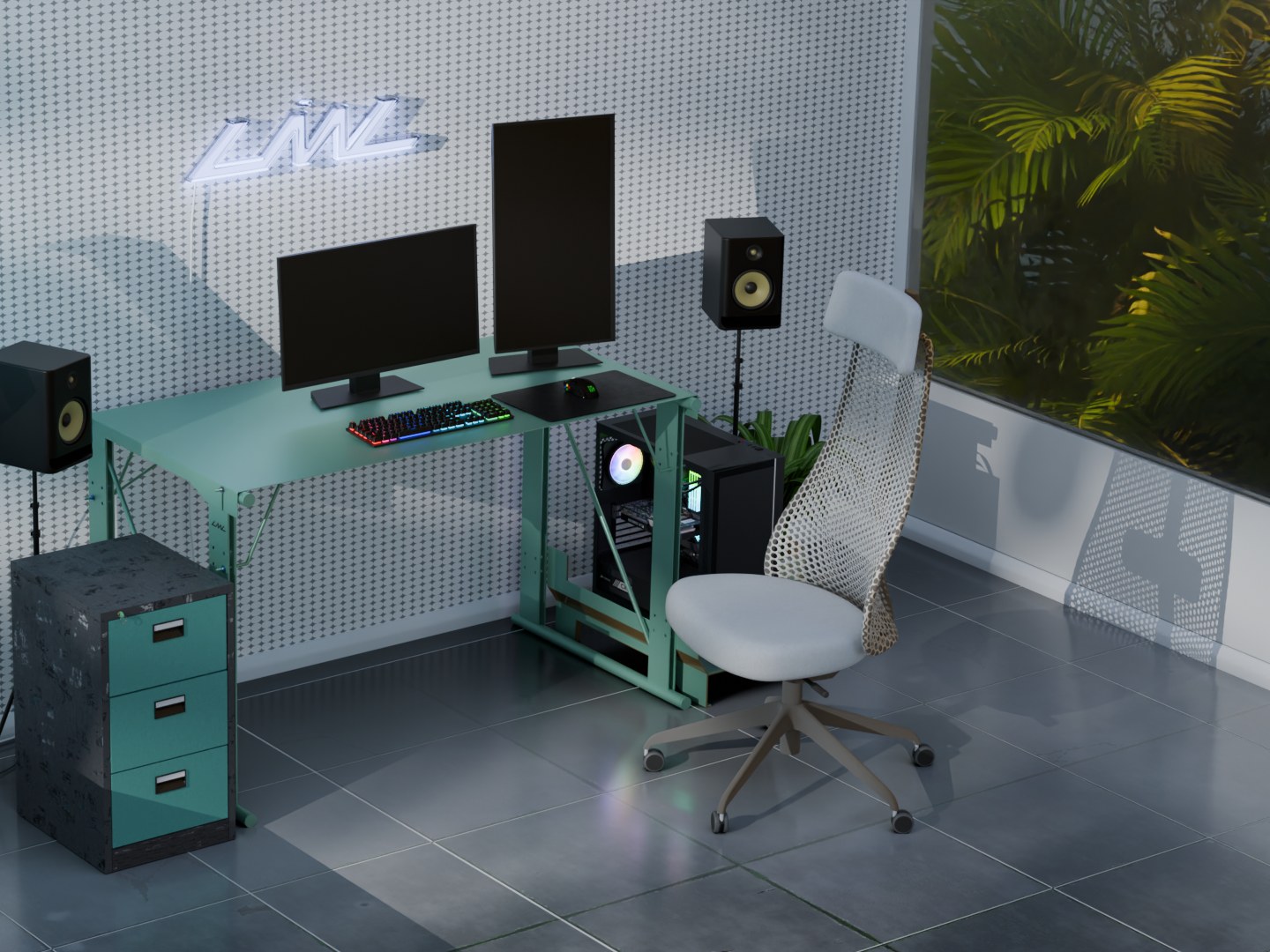 Mesa Viga con dos monitores, parlantes y silla